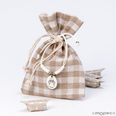 Bolsa cuadros beige pulsera Ángel  4 caramelos 10x14cm.