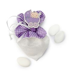 Saquito pinza carrito lila 7x4x10 cm. con 3 peladillas choc*