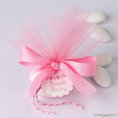 Bolsita de tul rosa con 4 peladillas almendra, lacito y tarjeta