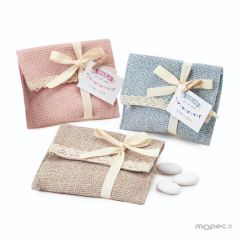 Bolsita algodón, puntilla y velcro,5peladillas choco