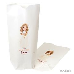 Bolsa papel blanco niña Comunión y paloma 12x21X5cm.,min.25