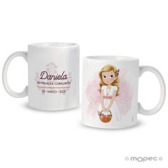 Taza cerámica Primera Comunión niña cesto disponible en varios idiomas