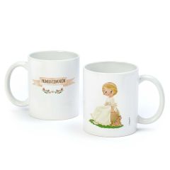 Taza cerámica niña Comunión sentada en banco en caja regalo