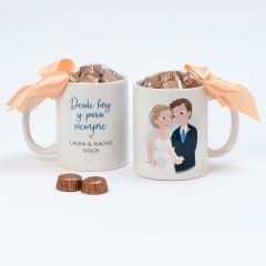 Taza cerámica novios "Desde hoy y para siempre" 6 bombones en caja regalo