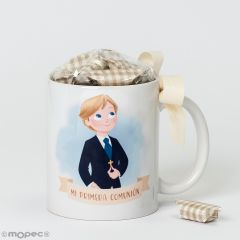 Taza Comunión niño pantalón corto 7caramelos en caja regalo disponible en varios idiomas