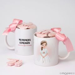 Taza cerámica Primera Comunión niña rosario con 7 caramelos