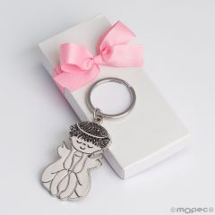 Llavero metálico Ángel sentado en caja blanca adornado rosa