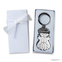 Llavero metálico Ángel sentado en caja blanca adornado