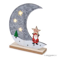 Luna de fieltro 3LEDS con base madera 17cm.