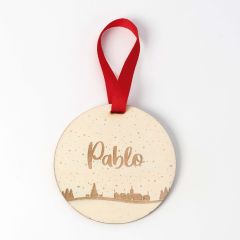 Colgantes de madera para árbol, diseño pueblo nevado, 9cm