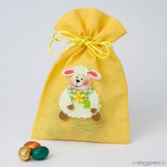 Bolsa amarilla 19 huevos praliné con oveja 15x23cm. 