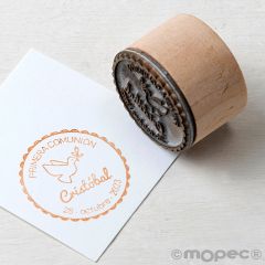 Sello personalizado redondo P.Comunión paloma 3,5Øx2,5cm.