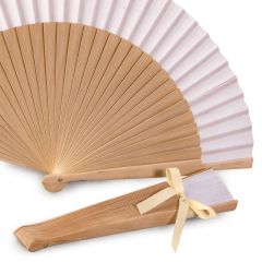 Abanico madera natural y tela blanca 23cm.adornado