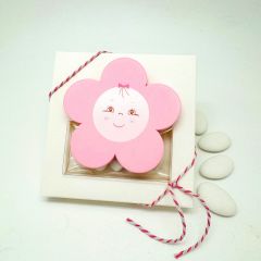 Imán madera flor color rosa en estuche con 5 peladillas