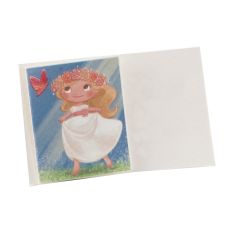 Tarj. librito Comunión niña rubia en pradera, precio 100u.