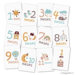 Set 12 tarjetones dibujitos para 12 meses 15x21cm