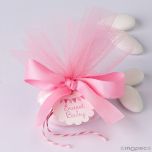Bolsita de tul rosa con 4 peladillas almendra, lacito y tarjeta