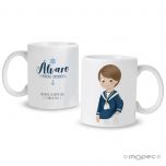 Taza cerámica Primera Comunión niño marinero azul disponible en varios idiomas