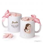 Taza cerámica 1ª Comunión niña vestido largo y 7 caramelos disponible en varios idiomas