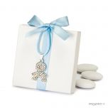 Caja blanca lazo azul colgante strass niño 5peladillas choc.