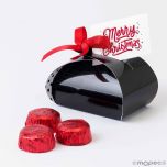 Estuche 3 bombones, negro topos con cinta  y tarjeta, 7cm.