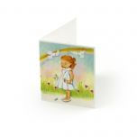 Tarjeta librito arco iris niña vestido blanco, preciox100uds