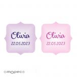 Etiq. adhesivas escudo rosa y lila stdo. 1hj=54. min.5